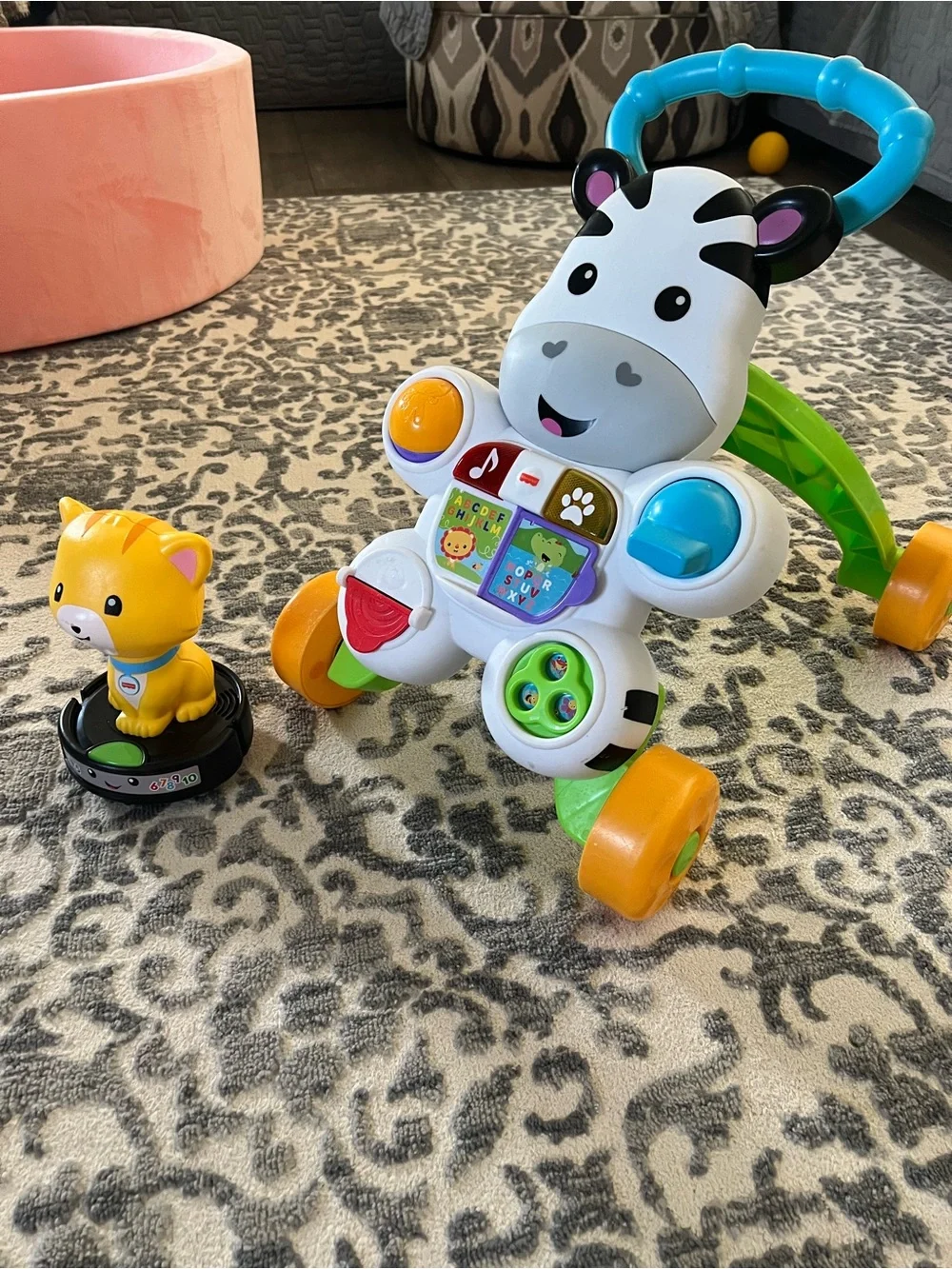Fisher-Price Colorful Zebra Push Walker in White, Black, Blue, Yellow & Green